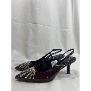 A New Day Burgundy Patent Rhinestone Slingback Kitten Heels Point Toe Pumps 9.5